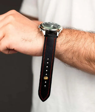 Black/Red Leather Watch Strap - Quick Release Pins - The Stellar
